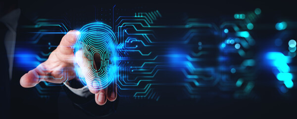Businessman finger touching fingerprint hologram with digital lines. Ai generative - obrazy, fototapety, plakaty