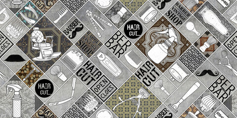 seamless barber tools shop vintage icon set logo illustration sign for pattern and blackground.