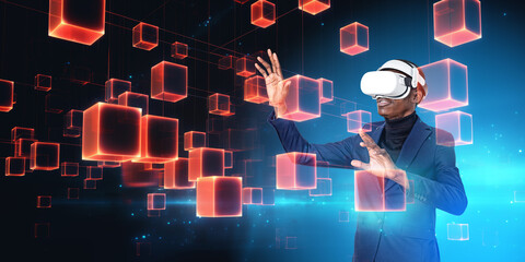 African man in vr glasses, blocks in cyberspace, metaverse and virtual reality. Ai generative