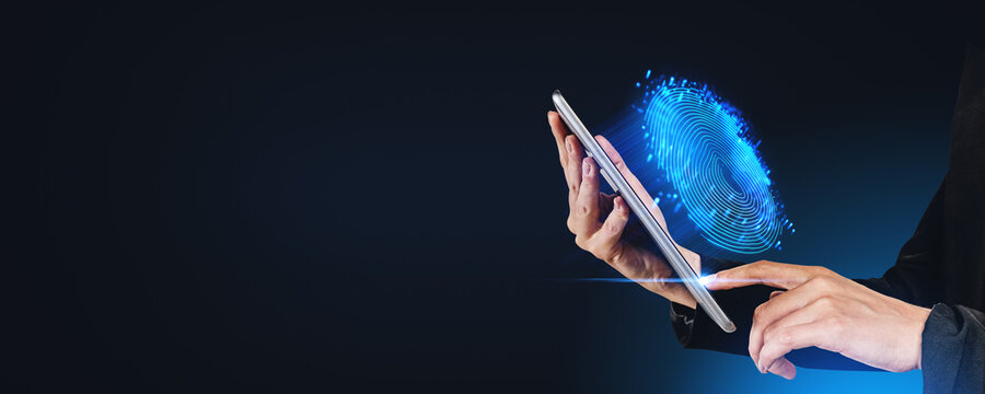 Businesswoman finger touch tablet, fingerprint hud hologram and copy space. Ai generative