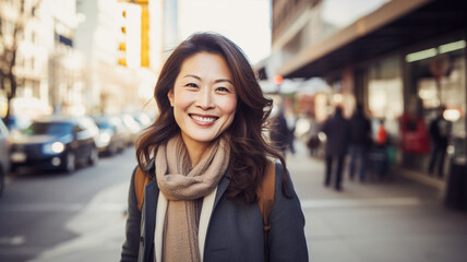 Fototapeta premium Portrait of an middle-aged asian woman in the city