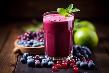 A Healthy Blueberry and Pomegranate Smoothie with Ice Cubes and Fresh Berries on a Vintage Wooden Table