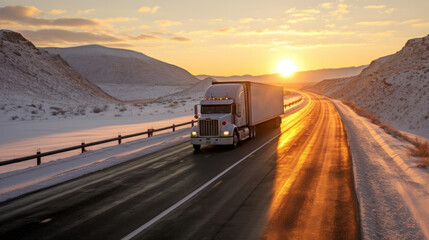 A Large truck driving on a road in winter, snow covered landscape. - Powered by Adobe