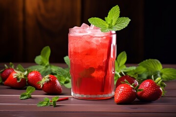 A vibrant and thirst-quenching apple and strawberry cooler served in a glass with a straw and fresh mint