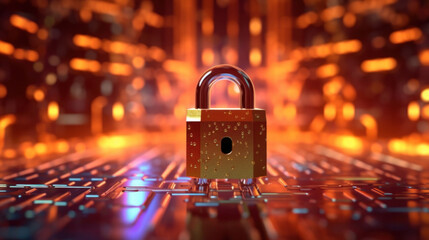 A padlock over glowing abstract electronic circuit background.
