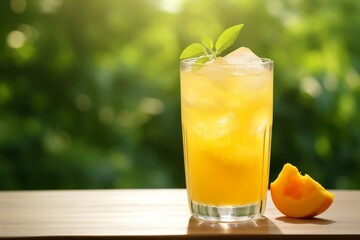 Fototapeta premium A Vibrant Image of a Chilled Vanilla and Mango Soda with Fresh Fruit Garnish on a Sunny Day