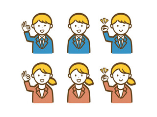 シンプルな男女ビジネスマンのポーズイラストセット3