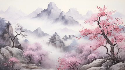 misty morning in the mountains chinese Ink wash painting