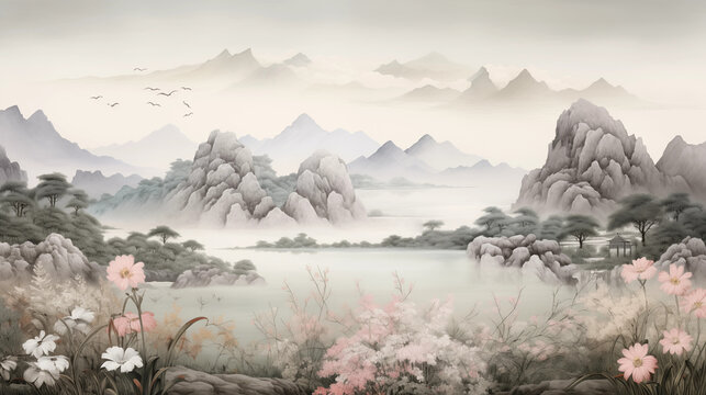 landscape with fog mountain and river chinese Ink wash painting