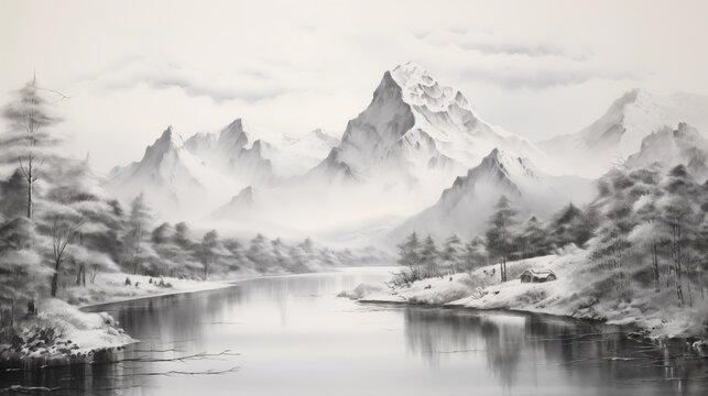 mountain and river chinese Ink wash painting