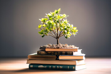 Tree growing on a pile of books. Generative AI
 - obrazy, fototapety, plakaty