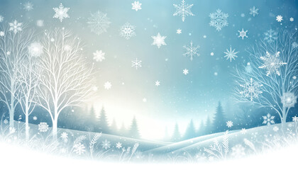 Winter landscape background with snowflakes and trees. Generative ai.