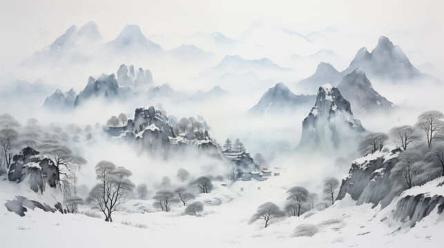 snow covered mountains, mountain and river chinese Ink wash painting
