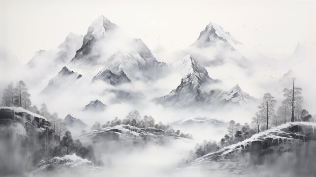 landscape with fog Chinese Ink wash painting