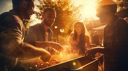 friends grilling food on an outdoor grill, sharing happy time together