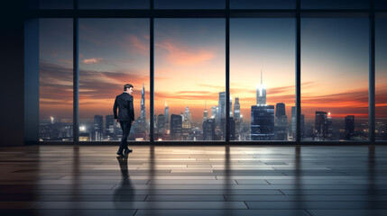 Businessman in office room looking at the city view with skyline and sunset. Ai generative