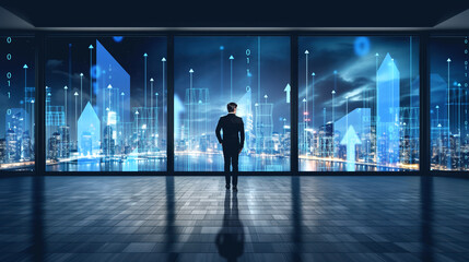 Businessman walking in office room, panoramic window with city wireframe. Ai generative