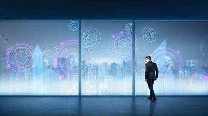 Obraz premium Businessman walking in office room, skyscrapers with futuristic city wireframe. Ai generative