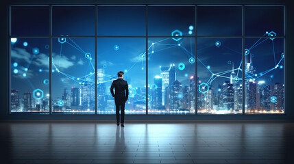 Fototapeta na wymiar Businessman walking in office room, skyline with digital connection lines. Ai generative
