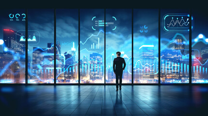Fototapeta na wymiar Businessman walking in office room window, glowing indicators and business graph. Ai generative