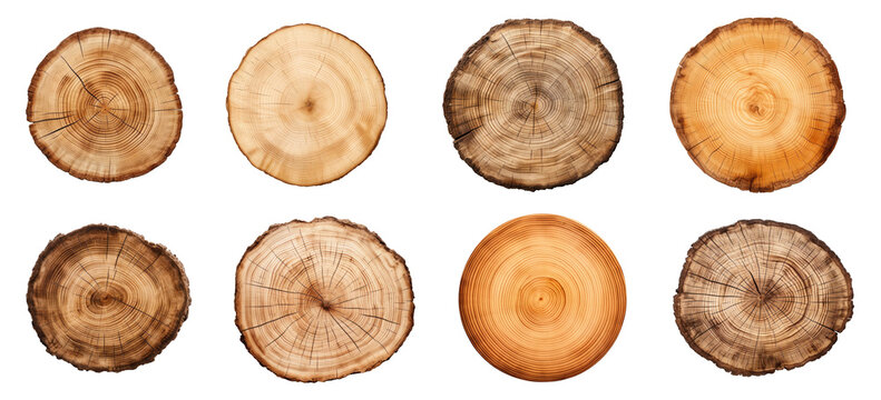 Set of cross sections of a different trees isolated on transparent background