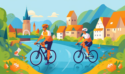  Cycling illustration in the countryside,created with Generative AI tecnology