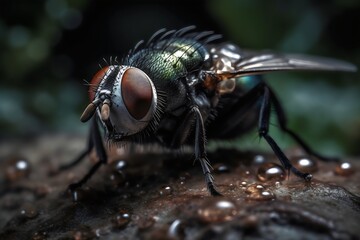 Macro shot of a fly on a wooden surface with black background. Generative AI.