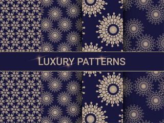 Set of glowing golden dots glitter overlapping on dark blue background. Collection of luxury and elegant halftone pattern with copy space. Vector design for cover template, poster, banner, print ad.