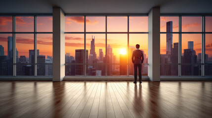 Fototapeta na wymiar Businessman in office loft looking at the skyscrapers with sunset. Ai generative
