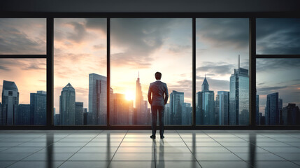 Fototapeta na wymiar Businessman in office room looking at the city view with skyscrapers. Ai generative