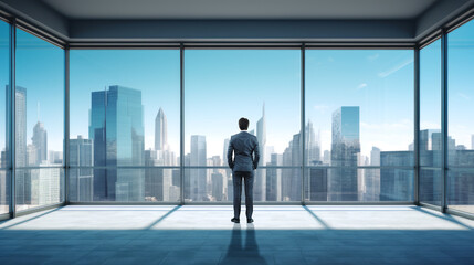 Fototapeta premium Businessman in office company room looking at the skyscrapers at daylight. Ai generative
