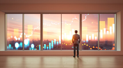 Businessman with standing in office room, panoramic window and forex analysis. Ai generative