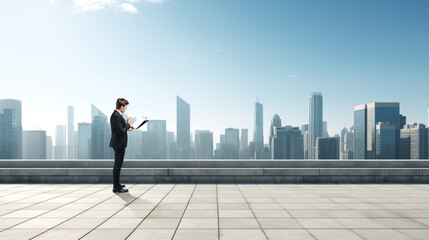 Businessman standing on the rooftop with clipboard, skyscrapers at daylight. Ai generative