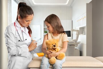 Portrait of cheerful child holding toy and sitting with nurse, AI generated image