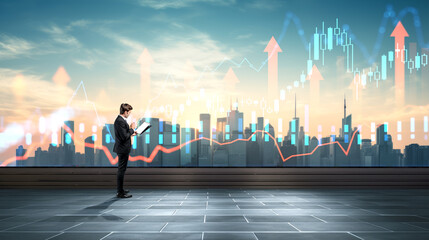 Businessman on rooftop, forex diagrams and stock market data dynamics. Ai generative