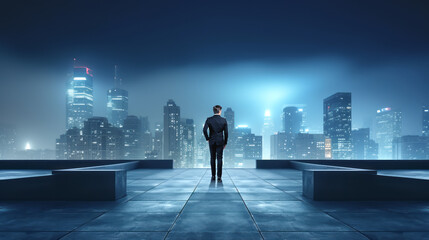 Fototapeta na wymiar Businessman on the roof looking at the night city skyscrapers with lights. Ai generative