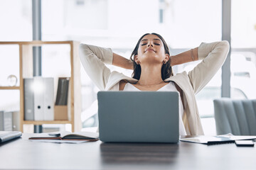 Happy woman stretching at office desk with health, muscle wellness and work life balance with laptop for career. Young business worker, employee or person relax and peace for project time management - obrazy, fototapety, plakaty