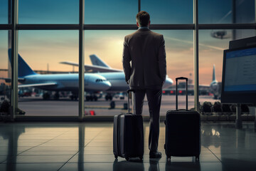 Businessman waiting to board flight at airport - obrazy, fototapety, plakaty
