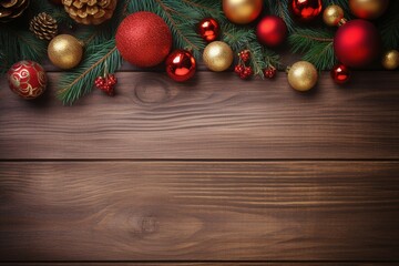 Christmas background decoration with pine branches with glittering red-gold balls on a beautifully patterned wooden background with copy area.