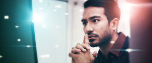 Man, office and night by overlay, thinking and web design innovation by 3d holographic ux for typing. Programming expert, computer or hologram ui for website, cloud computing or cybersecurity coding