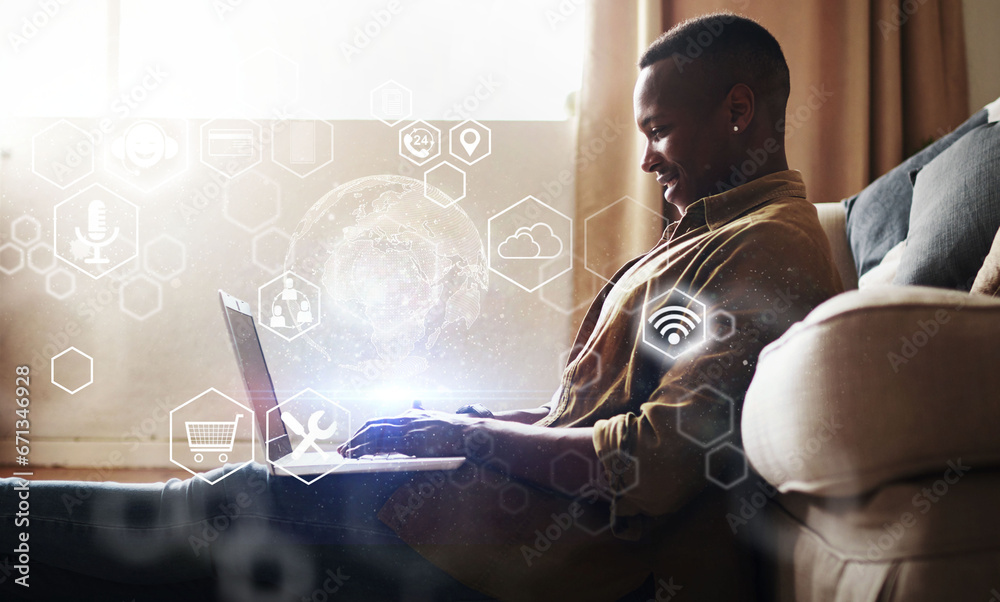Poster Digital app overlay, global computer infographics and black man working in living room. Online data hologram, cloud computing and information technology of a remote worker doing web research at home