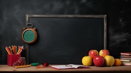 back to school concept with erased chalkboard and essential supplies