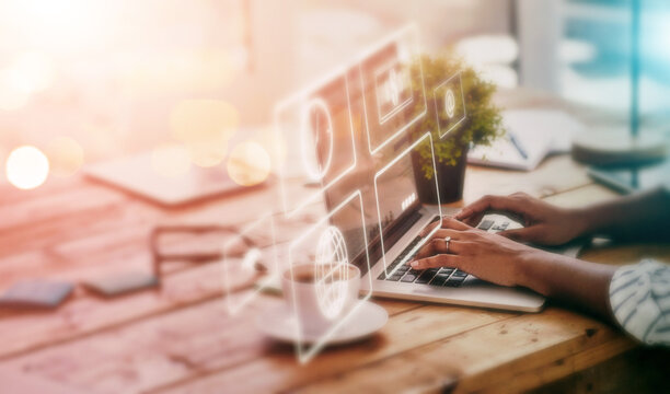 Laptop, overlay and app icon with a woman in an internet cafe doing a search for global financial data. Computer, software or schedule with a person working on information research in a coffee shop - Powered by Adobe