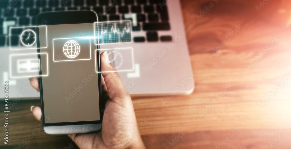 Leinwandbilder Technology hologram, app and hands with phone for networking, software and web research. Communication, futuristic 3d digital icons and mockup smartphone for internet, connection and social media