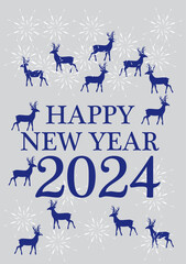 Vector illustration of Happy New year  2024 cards with New Year tree, reindeers, snowflakes, floral frames and backgrounds design. Modern universal artistic templates. social media,party,hotel