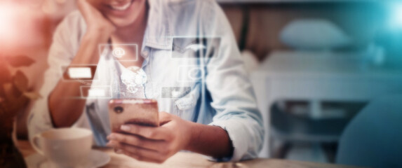 Woman, phone or networking hologram on app, iot website or futuristic software in cafe, coffee shop or restaurant. 3d abstract, digital transformation or mobile technology for happy or relax customer