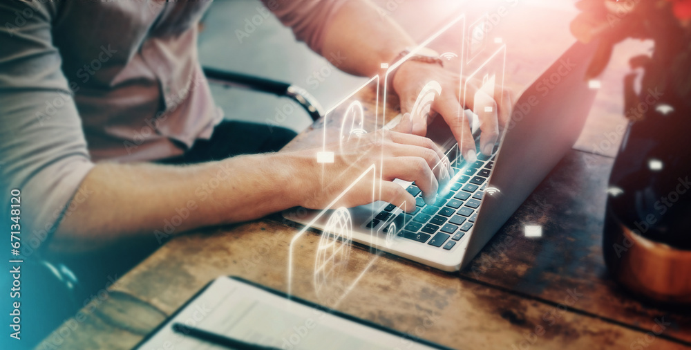 Aufkleber Typing man, hands or laptop hologram in networking cybersecurity, futuristic research or programming ux. Zoom, developer or 3d abstract technology of software, digital transformation or web 3.0 cloud