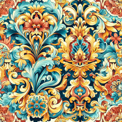 Seamless pattern texture with damask ornament with colorful. decorative elements. Hand drawn Vintage background.