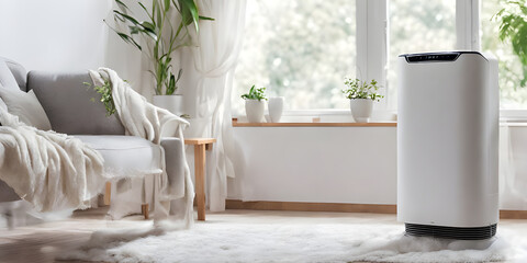 Air purifier in living room for filter and cleaning removing dust PM2.5 HEPA in home, for fresh air and healthy life,Air Pollution Concept
