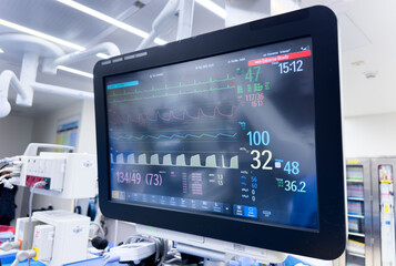 hospital monitor displaying vital signs: blood pressure, heart rate, pulse oximetry, and temperature, providing critical patient health data in a medical setting